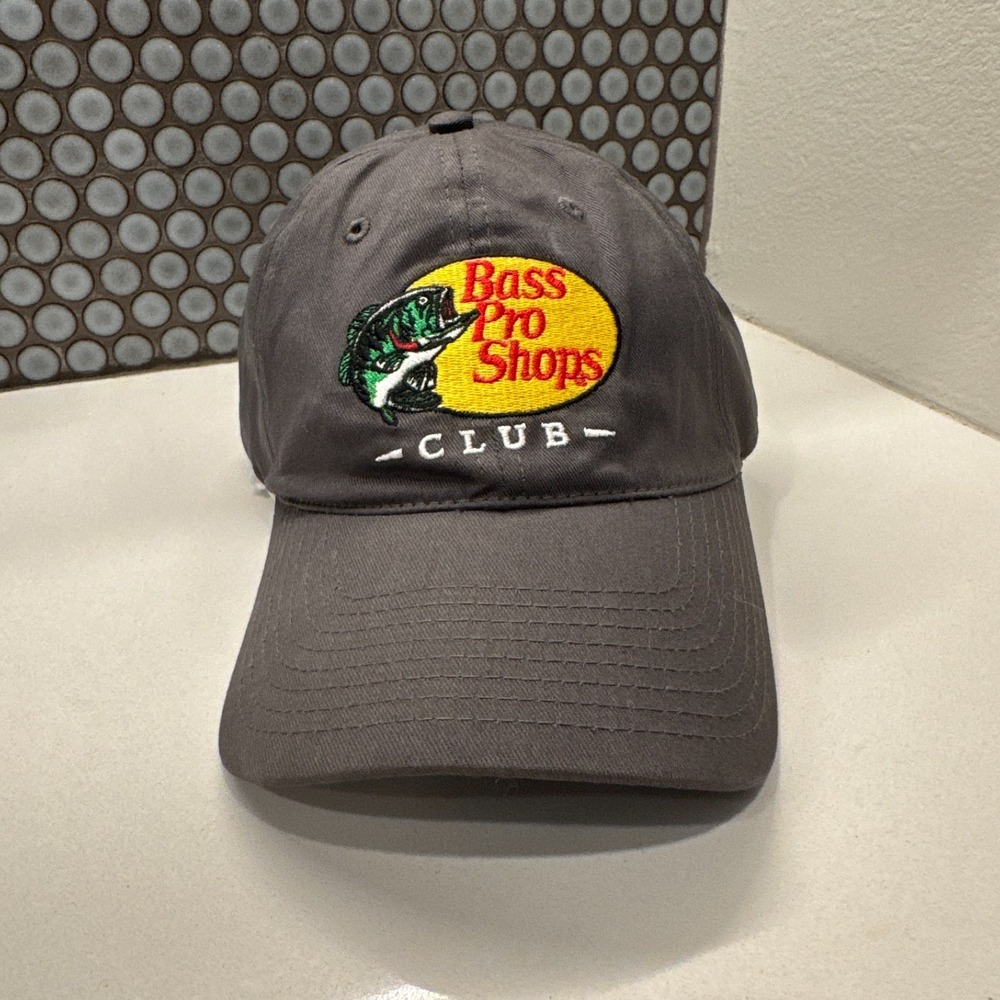 Bass Pro Shops Club Hat Cap Gray Fishing Strap Back Adult Graphic Logo Dad